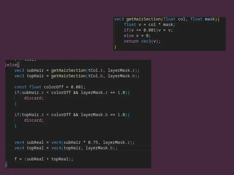 Hair section of the shader code